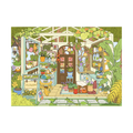 Illustration of a colorful greenhouse flower shop filled with plants and gardening supplies.