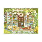 Illustration of a colorful greenhouse flower shop filled with plants and gardening supplies.