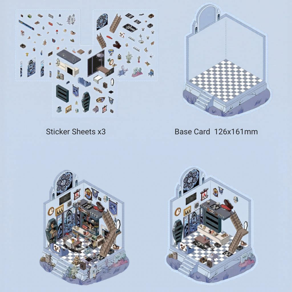 Set of building blocks and sticker sheets for creating miniature scenes on a light blue background.