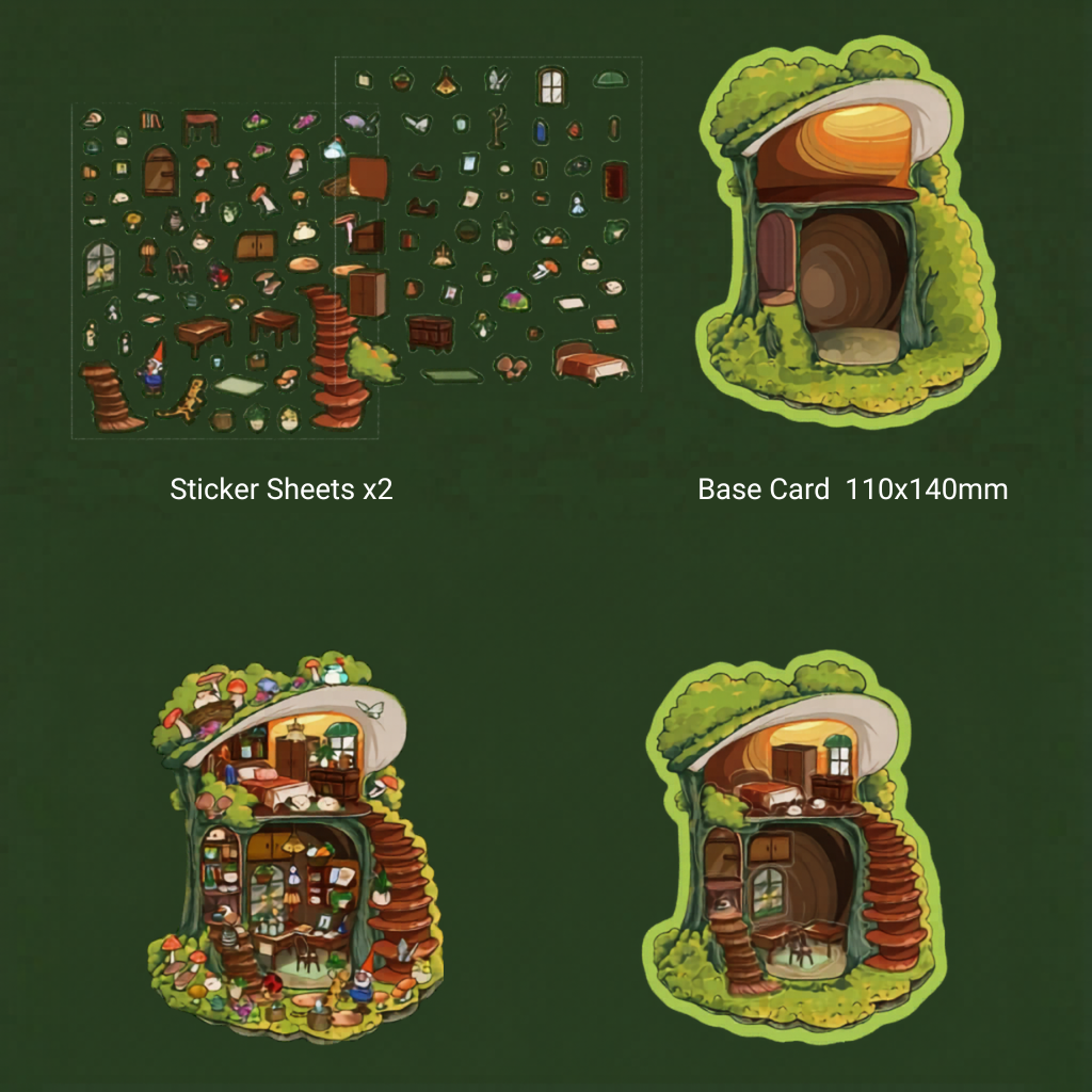 Product overview of the Mushroom Cottage kit: includes 2 sticker sheets, a 110x140mm mossy house base card, and a bottom comparison showing the forest home in-progress versus the finished look.Post-ApocalypticCabin