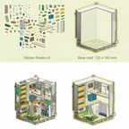 Product overview of the Post-Apocalyptic Cabin kit: includes 3 sticker sheets, a 122x142mm industrial shelter base card, and a bottom comparison showing the 3D room in-progress versus the finished look.