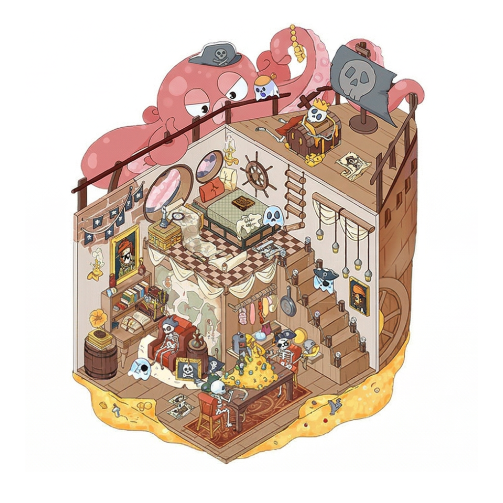 3D layered scenery of a wooden shipwreck at the ocean floor, featuring a prominent pink octopus perched on the hull, turquoise water, and scattered gold coins. 