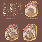 Product overview of the Sunken Treasure kit: includes 2 sticker sheets, a 70x70mm ocean floor base card, and a bottom comparison showing the shipwreck in-progress versus the finished pink octopus scene.