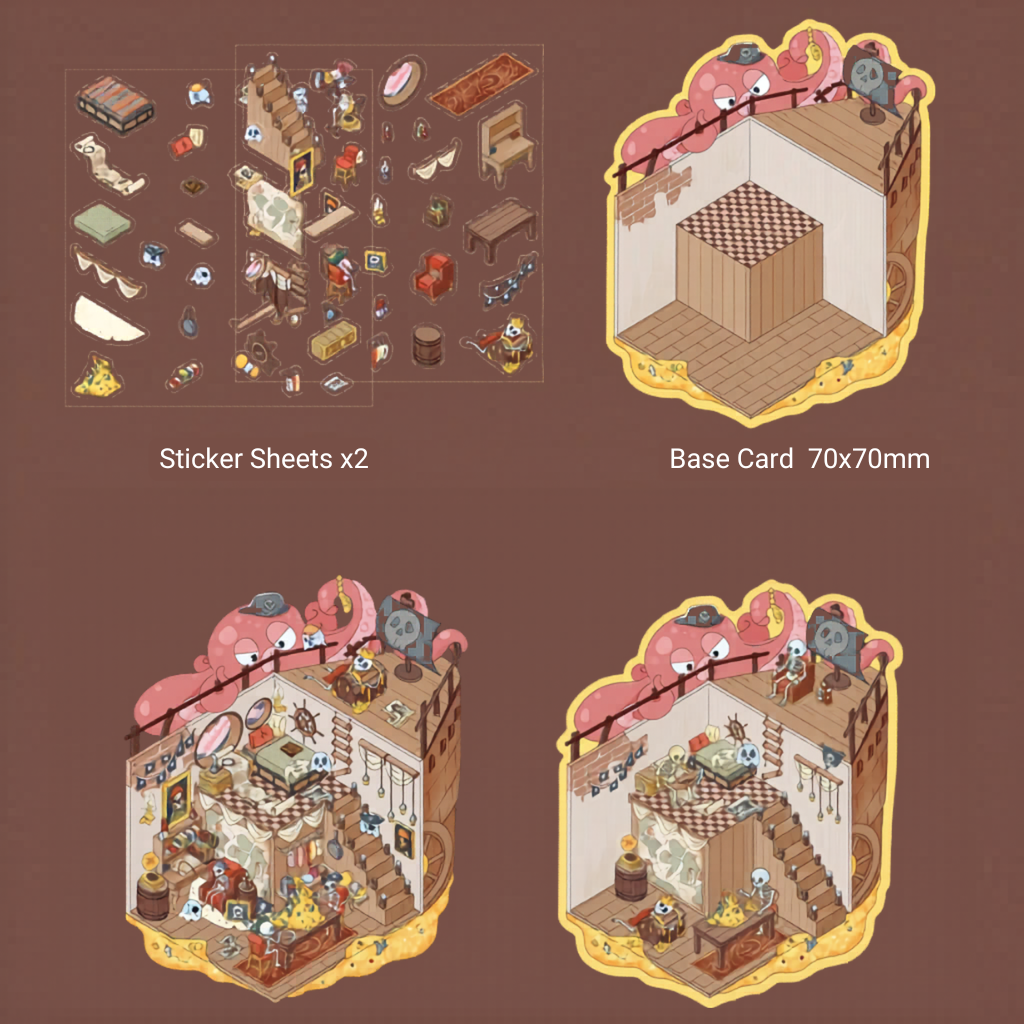 Product overview of the Sunken Treasure kit: includes 2 sticker sheets, a 70x70mm ocean floor base card, and a bottom comparison showing the shipwreck in-progress versus the finished pink octopus scene.