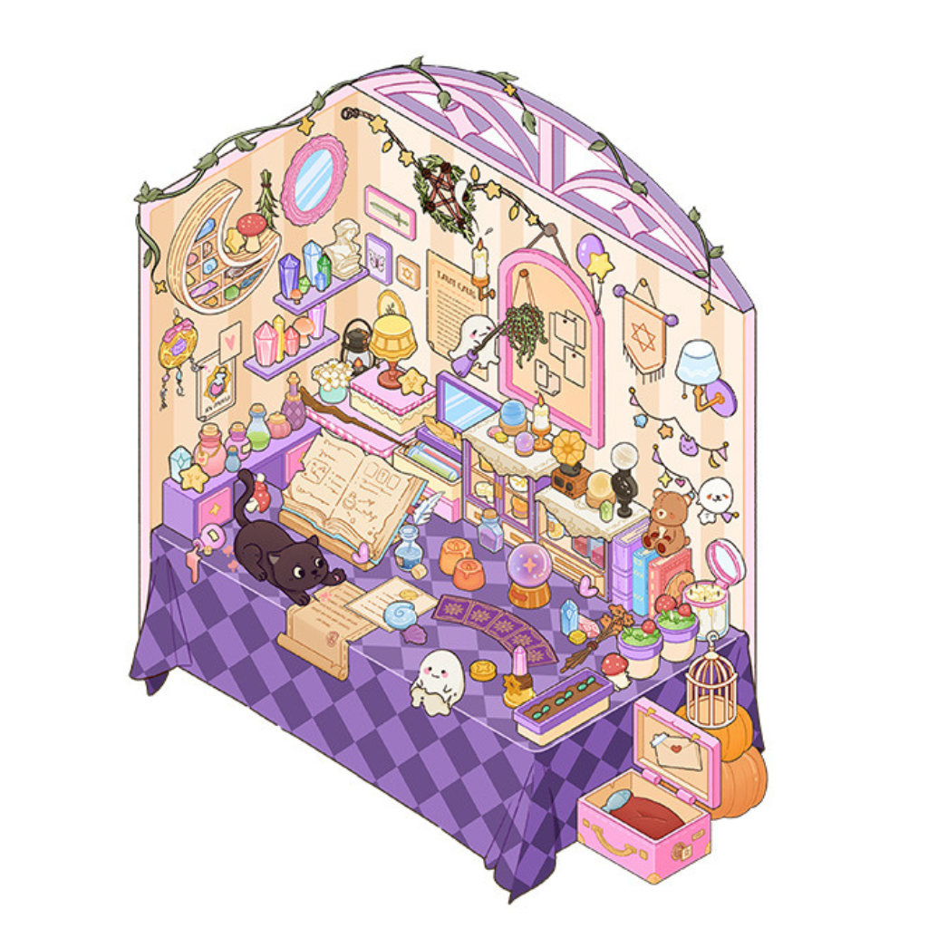 Mystical 3D desktop scene featuring a spread of tarot cards, a clear crystal ball, glowing candles, and velvet textures for a spiritual, tech-free break. A mystical purple velvet tabletop with a glowing crystal ball, tarot card spreads, a red candle, and a large crescent moon background.