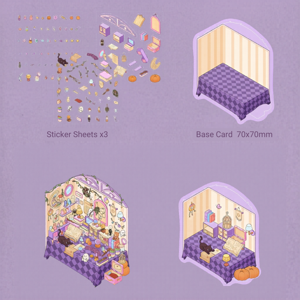 Isometric illustrations of a room set on a purple background with sticker sheets and base card information.